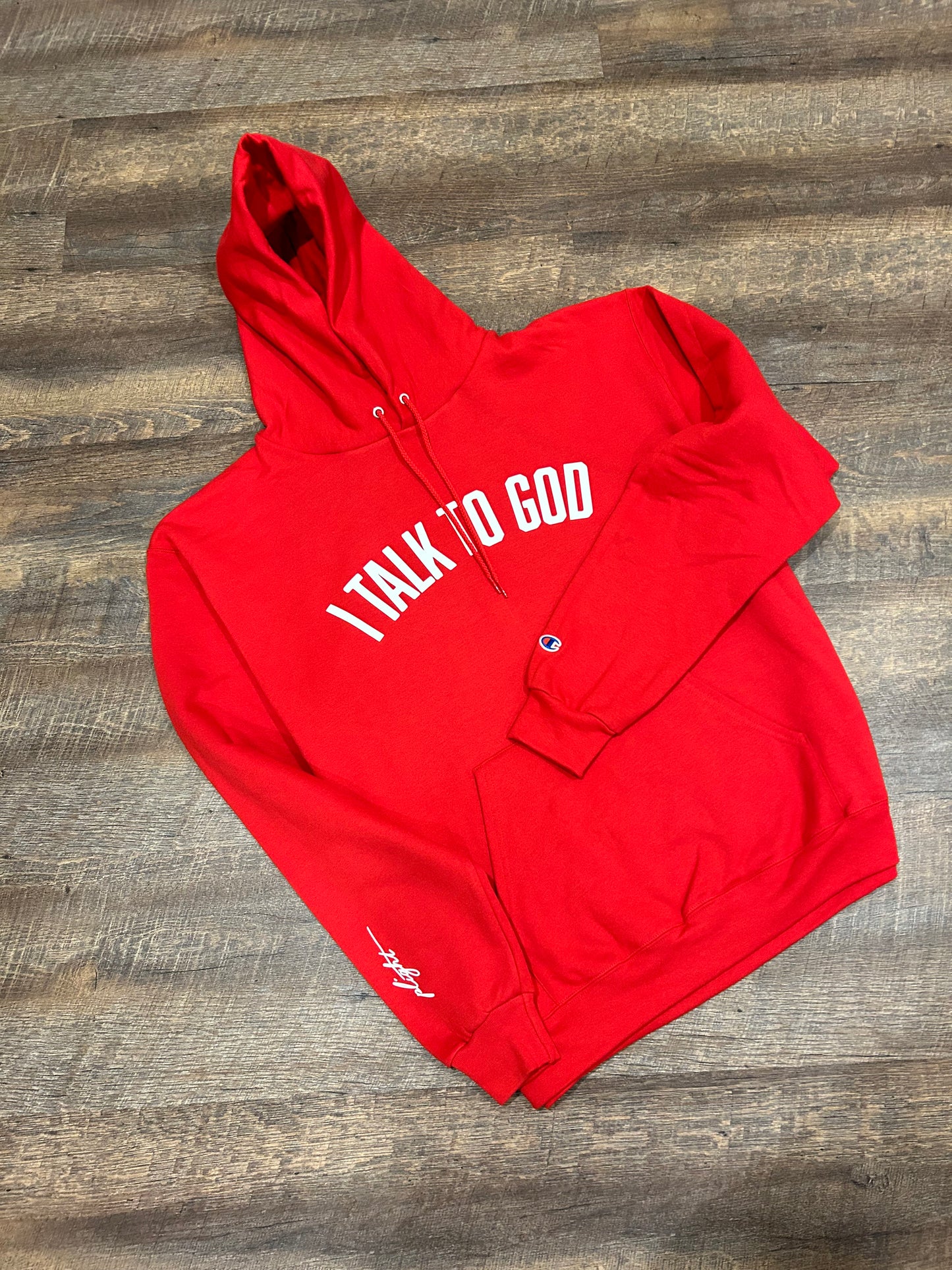 Plight Life “I Talk to God” Classic Arc Puff Print Hoodie(Cherry)