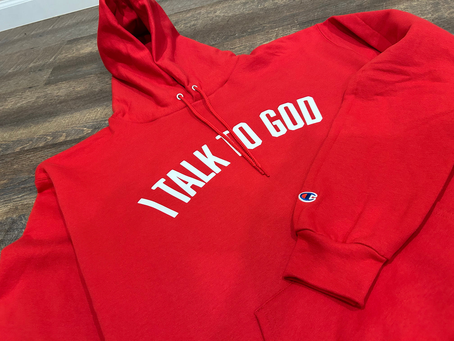 Plight Life “I Talk to God” Classic Arc Puff Print Hoodie(Cherry)