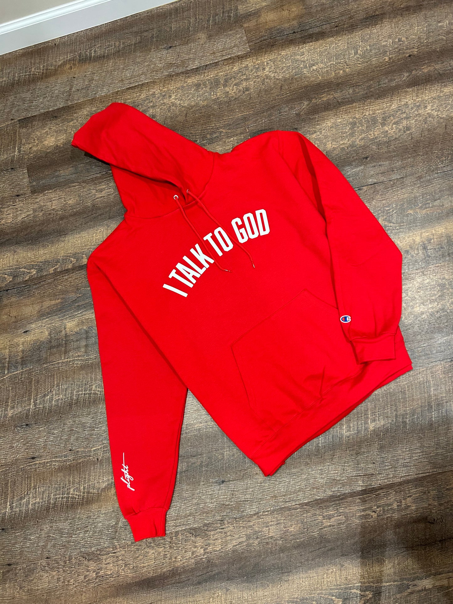 Plight Life “I Talk to God” Classic Arc Puff Print Hoodie(Cherry)